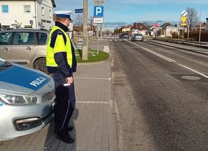 Policjant przy radiowozie na drodze.