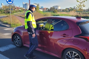 Policjant stojący przy samochodzie.