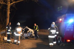 Pojazd OSP Lubicz, strażacy i policjant przy rozbitym BMW