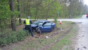 Policjant   Wydziału Ruchu Drogowego KMP w Toruniu, wykonujący oględziny, pochylony nad rozbitym pojazdem, który stoi w rowie przy lesie.