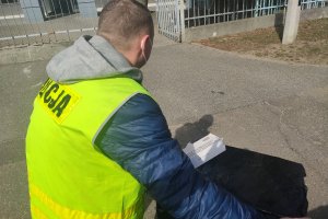 policjant w kamizelce odblaskowej trzyma karton z papierosami