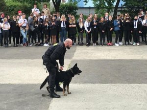 Pokaz tresury psów oraz pracy technika kryminalistyki podczas zajęć z licealistami w II LO w Toruniu.