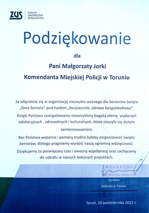 Podziękowanie dla pani Komendant Miejski Policji w Toruniu