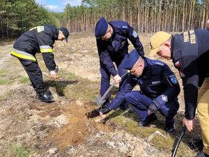 policjanci i strażacy sadzą drzewa