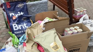 Na zdjęciach znajduje się radiowóz policyjny. Policjanci noszą karmę oraz kartony. Na ostatnim zdjęciu widać policjantów z pracownikiem schroniska, który przekazał podziękowania w formie dyplomu.