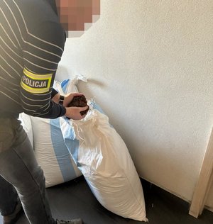 Na zdjęciach widać nieumundurowanego policjanta Wydziału dw. z przestępczością gospodarczą oraz zabezpieczona krajankę tytoniową.