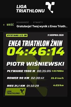 Na zdjęciach znajduje się policjant, zajmujący 3 miejsce na podium w zawodach triathlonowych. Kolejne zdjęcie to wygenerowane z aplikacji czasy w których pokonał dystans jazdy na rowerze, biegania oraz pływania.